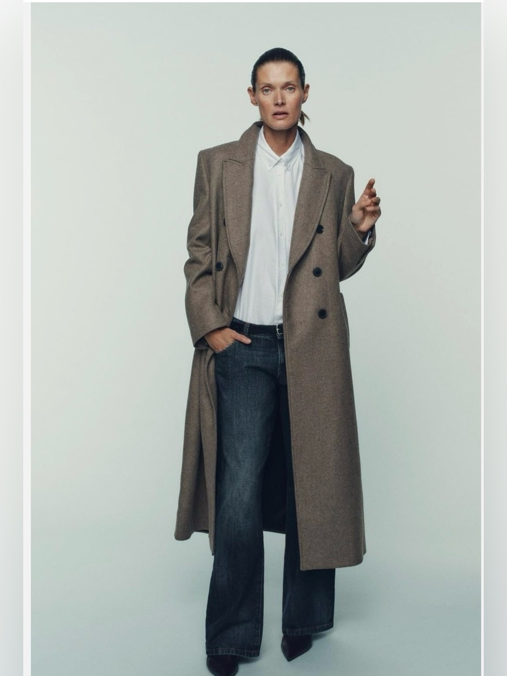 Zara Long Double-Breasted wool blend Coat in Taupe
